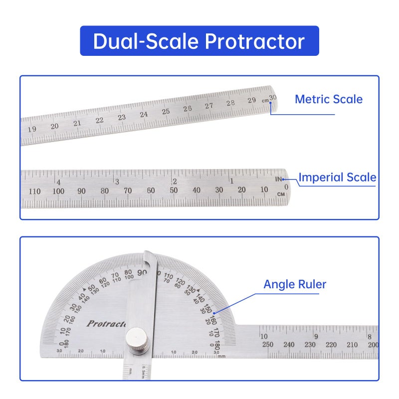 ChgImposs 0-180 Degree Angle Finder, Stainless Steel Round Head Rotary Protractor Scale Angle Finder Adjustable Double-arm Ruler Angle, Finder Craftsman Ruler Machinist Tool - Image 3